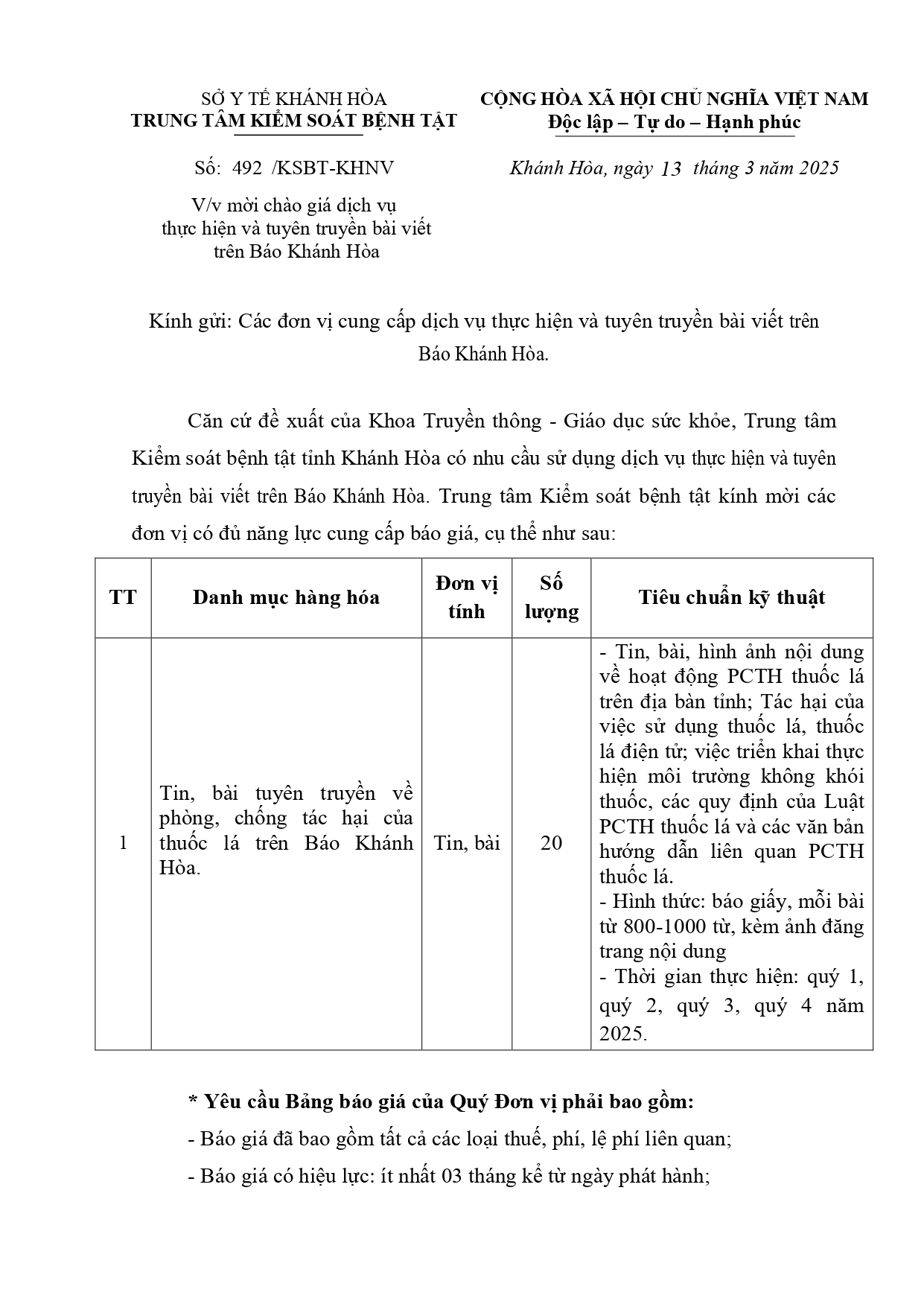 V/v mời chào giá dịch vụ thực hiện và tuyên truyền bài viết trên Báo Khánh Hòa